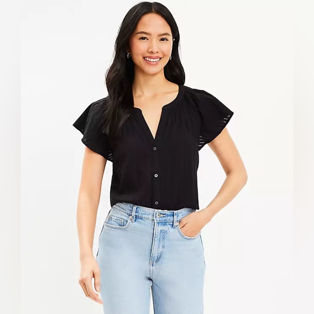 LOFT Flutter Sleeve Button Top - Color: Black, Size:XS